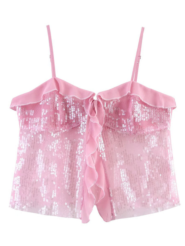 Fashionable simple and versatile casual sequined camisole top - Pink / S