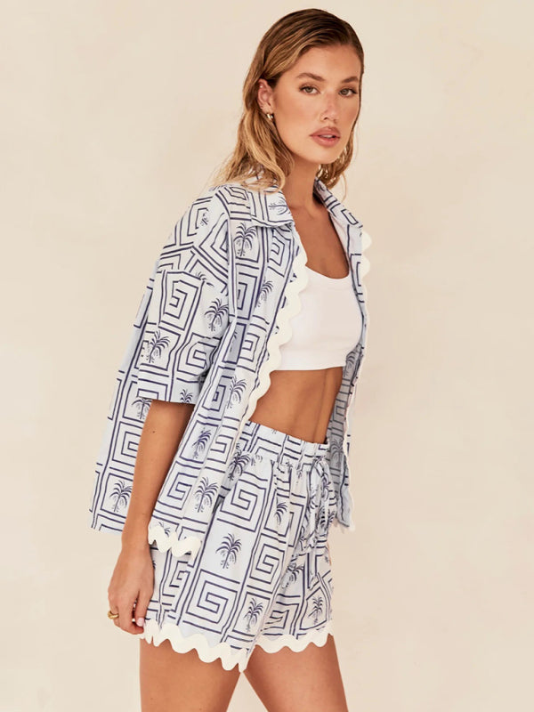 Fashionable Simple Cardigan Women’s Wave Pattern Stitching Fashion Set (Vest Not Included)