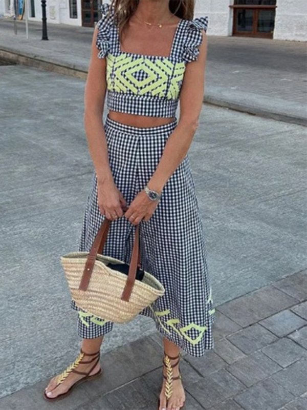 Fashionable sleeveless wavy edge printed vest and skirt suit - Grey / S