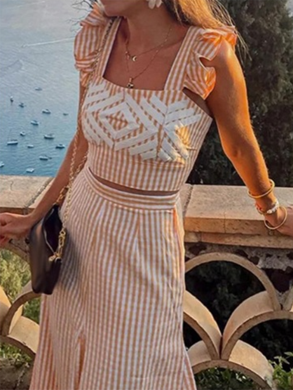 Fashionable sleeveless wavy edge printed vest and skirt suit - Pink / S