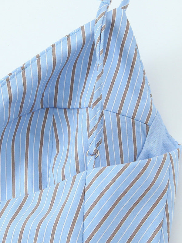 Blue and brown striped fashionable spaghetti strap top for women