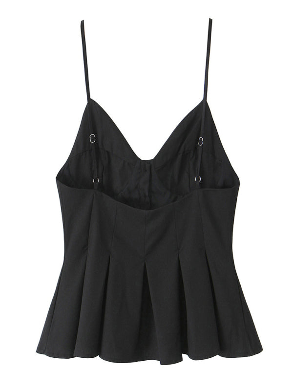 Black pleated camisole top with spaghetti straps featured in a fashionable clothing product
