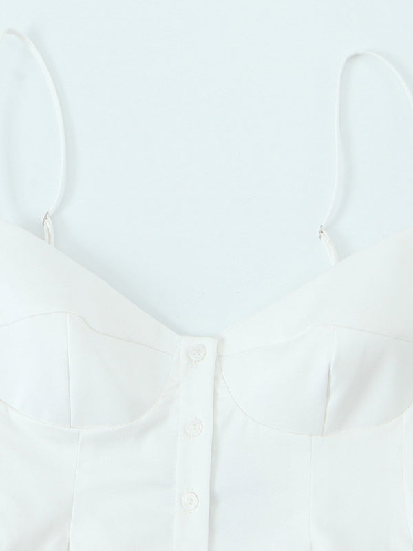 White button-down camisole top with spaghetti straps, ideal for fashionable casual wear