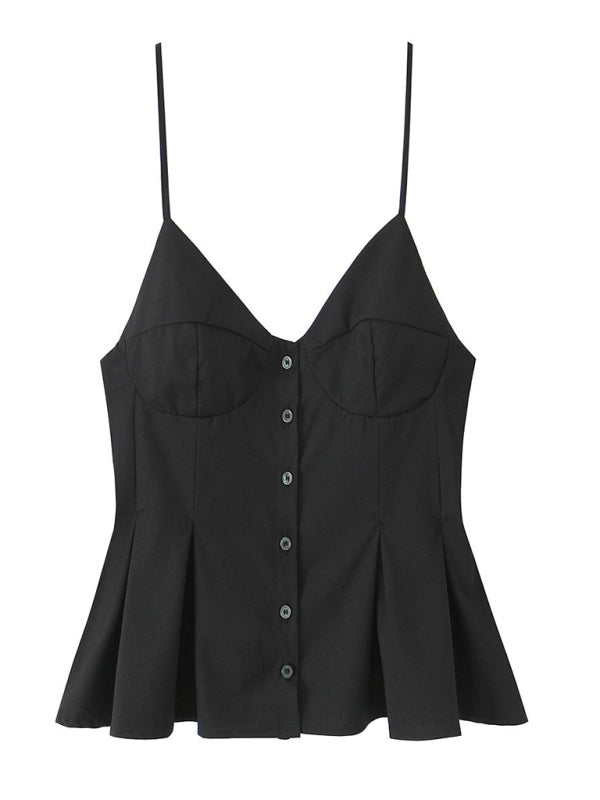 Black button-down camisole top from Fashionable Spaghetti Strap Top collection