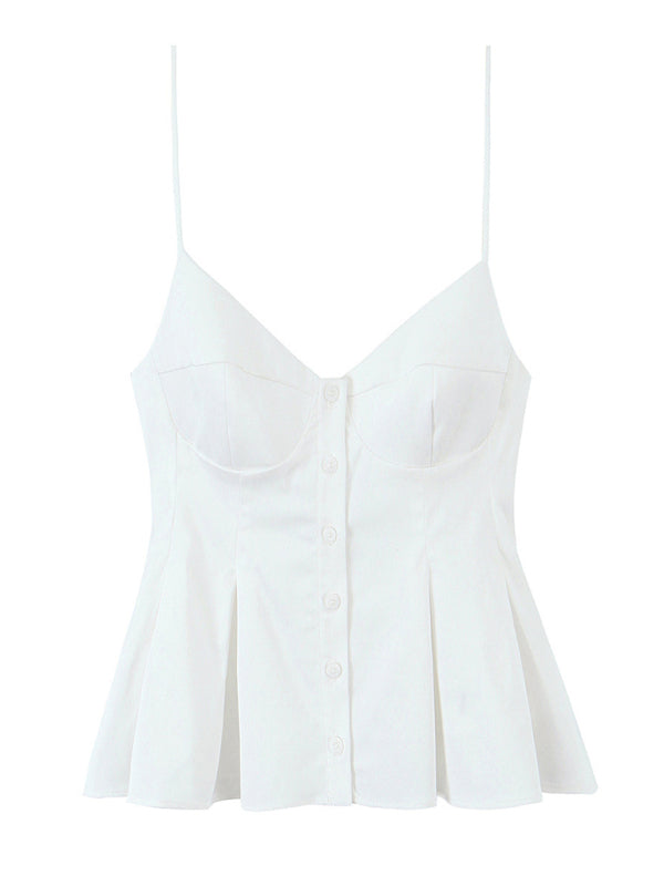 White button-down camisole top with spaghetti straps displayed in Fashionable Spaghetti Strap Top product image