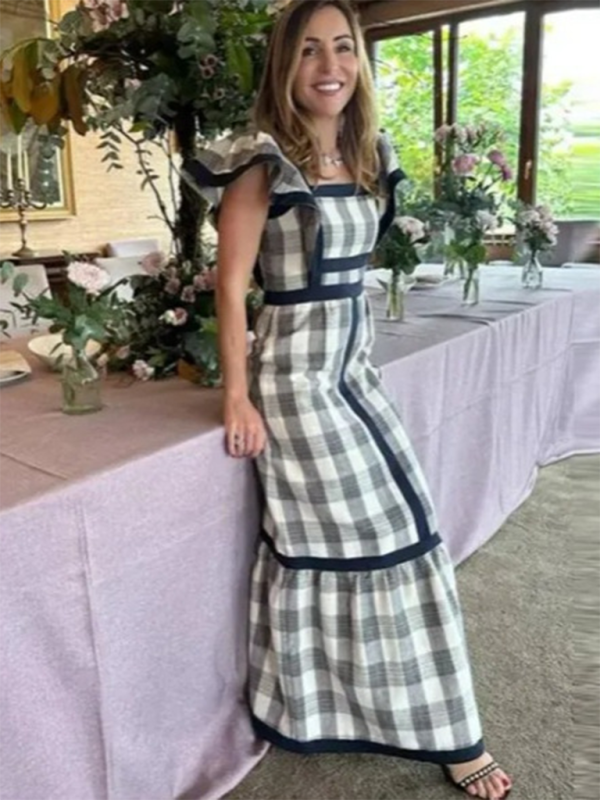 Fashionable square neck contrast patchwork dress - Blue / S