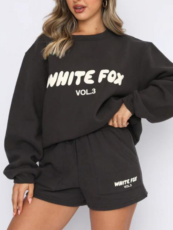 Fashionable street style English letter print sweatshirt sweatpants sweater suit - Black / S