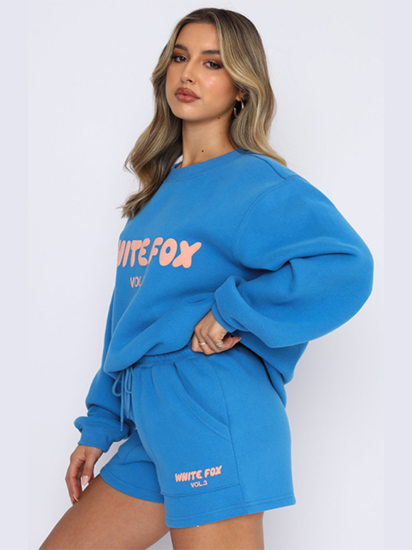 Fashionable street style English letter print sweatshirt sweatpants sweater suit - Blue / S