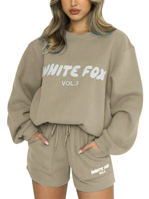 Fashionable street style English letter print sweatshirt sweatpants sweater suit - Khaki / S