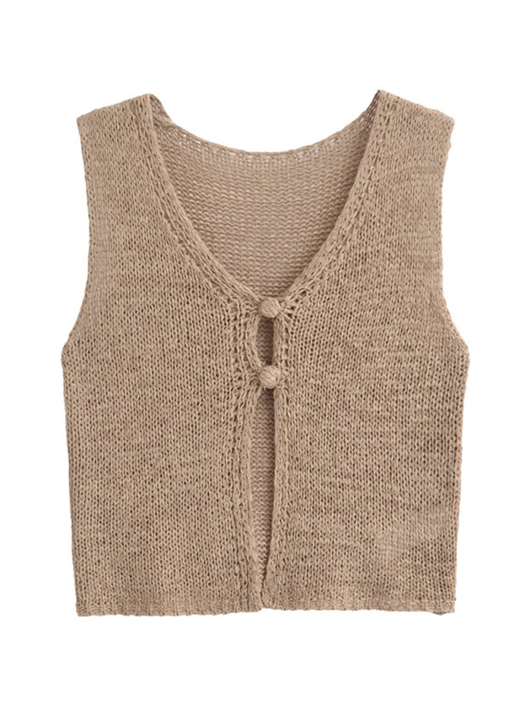 Fashionable sweet and spicy two-button short knitted vest - Khaki / XS