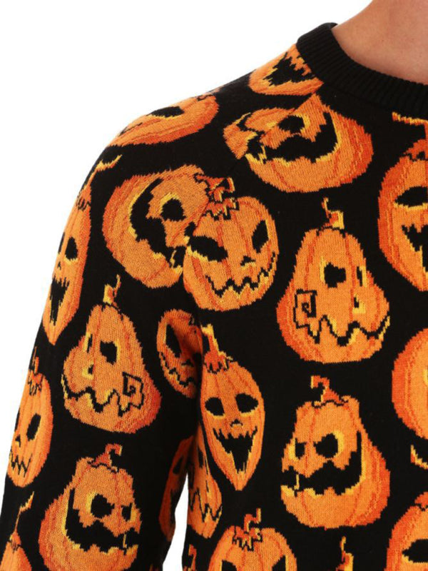 Fashionable Women’s Halloween Sweater Loose Contrast Color Pumpkin Jacquard Women’s Sweater