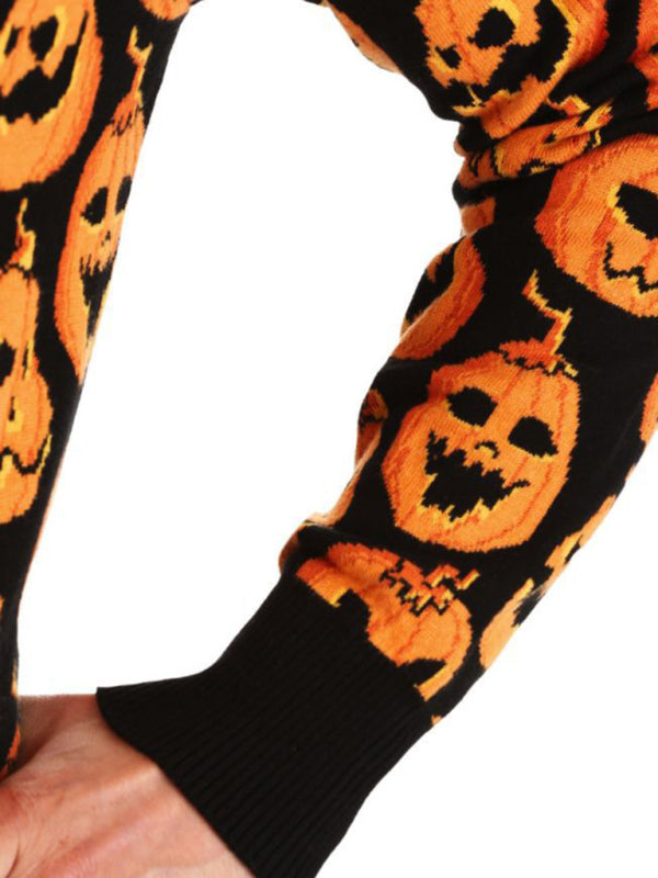 Fashionable Women’s Halloween Sweater Loose Contrast Color Pumpkin Jacquard Women’s Sweater