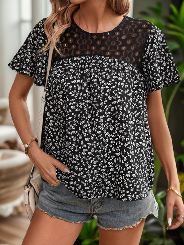 Fashionable women’s lace patchwork printed short-sleeved round neck shirt
