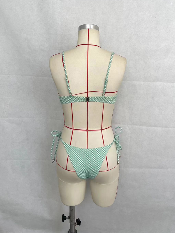 Fashionable Women’s Plaid Print String Bikini Set