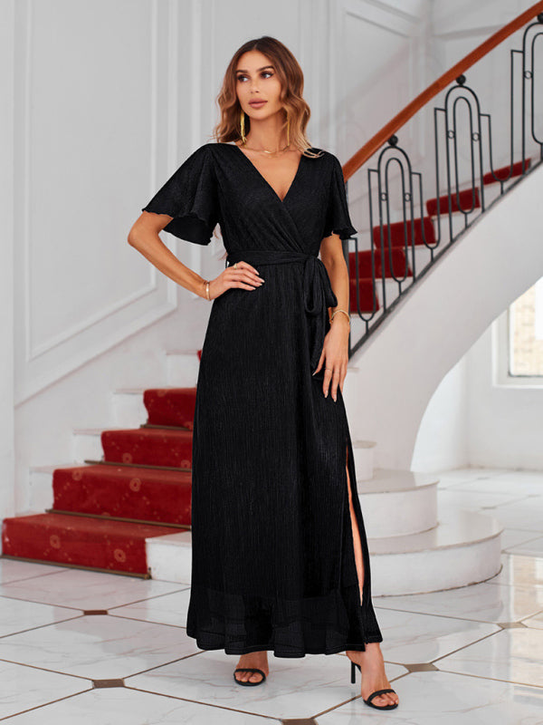 Feminine and elegant sparkling V-neck strappy dress - Black / S