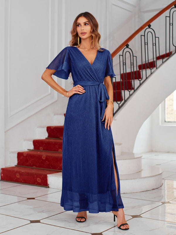Feminine and elegant sparkling V-neck strappy dress - Blue / S