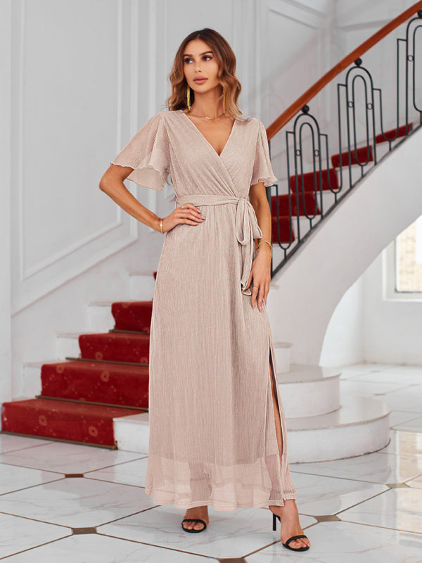Feminine and elegant sparkling V-neck strappy dress - Cracker khaki / S