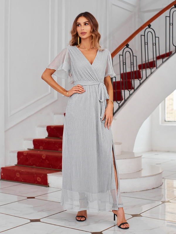 Feminine and elegant sparkling V-neck strappy dress - Silver grey / S
