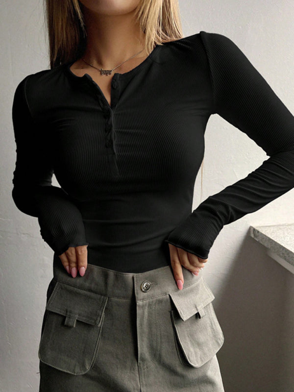 Feminine U-neck buttoned long-sleeved knitted top - Black / S