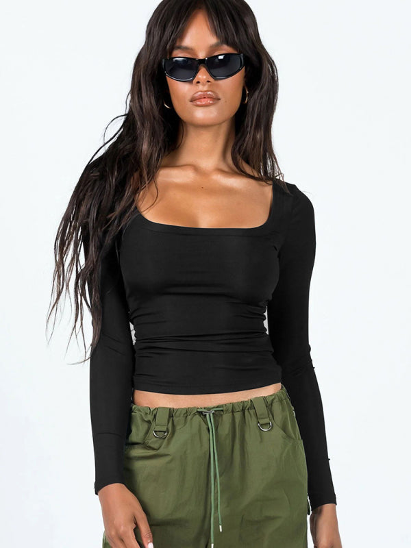 Feminine U-neck long-sleeved knitted top