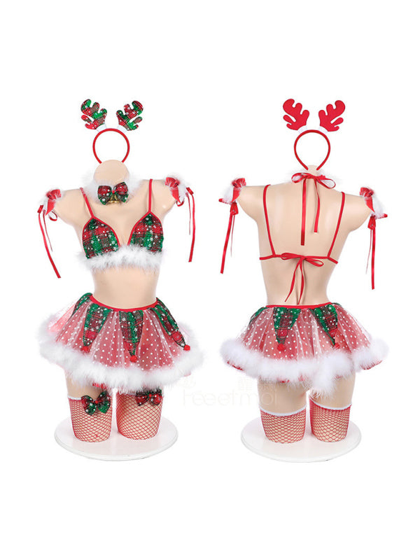 Festive Plaid Sheer Lingerie Set with Bow - Red / FREESIZE