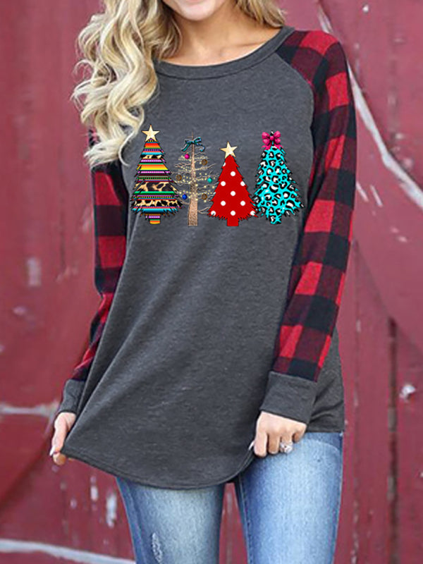 Festive Plaid Sleeve Christmas Knit Top - Pattern / S