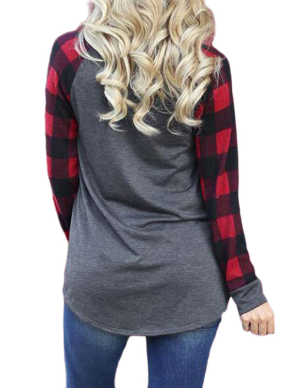 Festive Plaid Sleeve Christmas Knit Top - Pattern / S