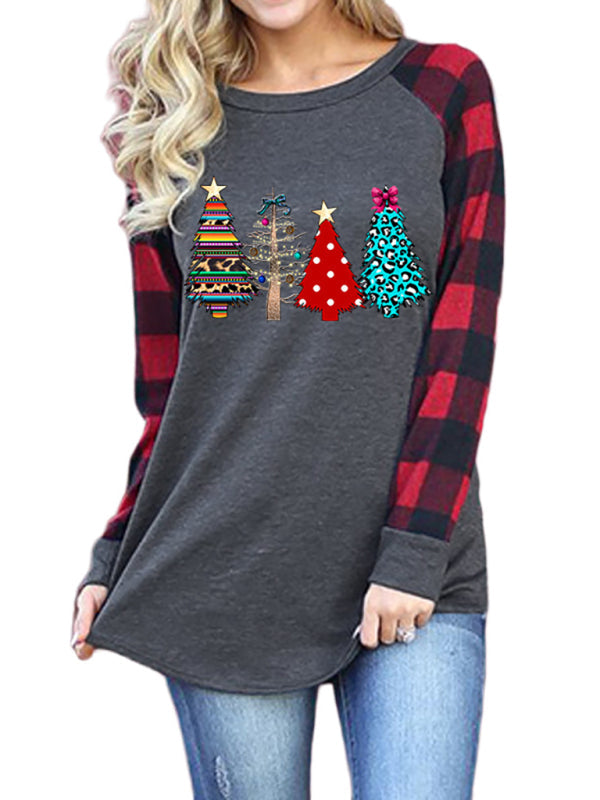 Festive Plaid Sleeve Christmas Knit Top - Pattern / S