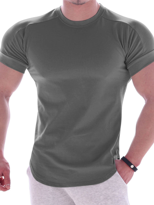 Fitness trendy brand quick-drying round neck elastic short-sleeved tight-fitting sports T-shirt - Charcoal grey / M