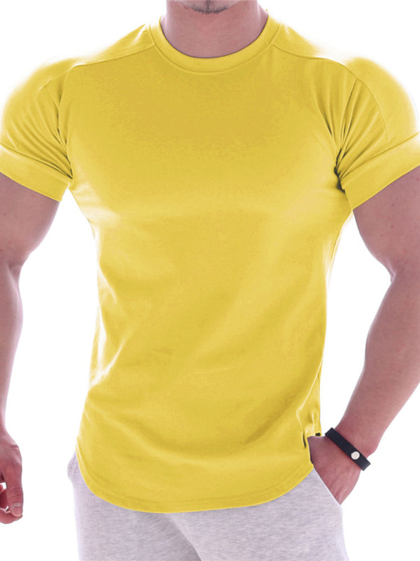 Fitness trendy brand quick-drying round neck elastic short-sleeved tight-fitting sports T-shirt - Yellow / M