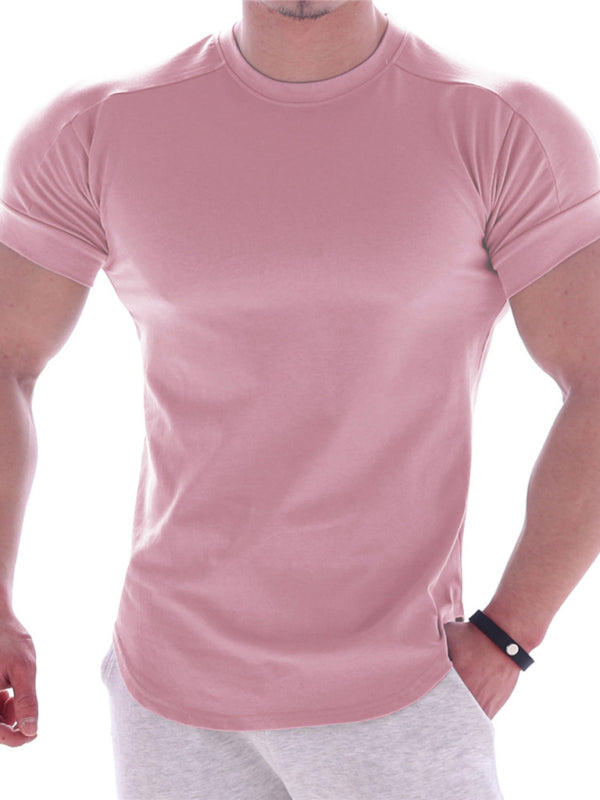 Fitness trendy brand quick-drying round neck elastic short-sleeved tight-fitting sports T-shirt - Pink / M