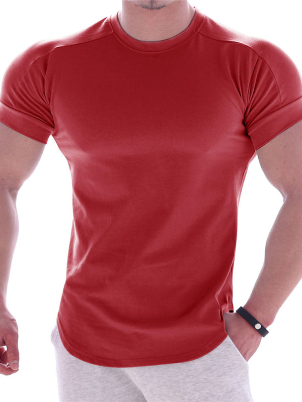 Fitness trendy brand quick-drying round neck elastic short-sleeved tight-fitting sports T-shirt - Red / M