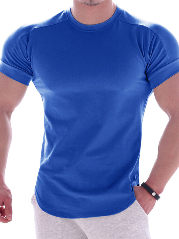 Fitness trendy brand quick-drying round neck elastic short-sleeved tight-fitting sports T-shirt - Royal blue / M