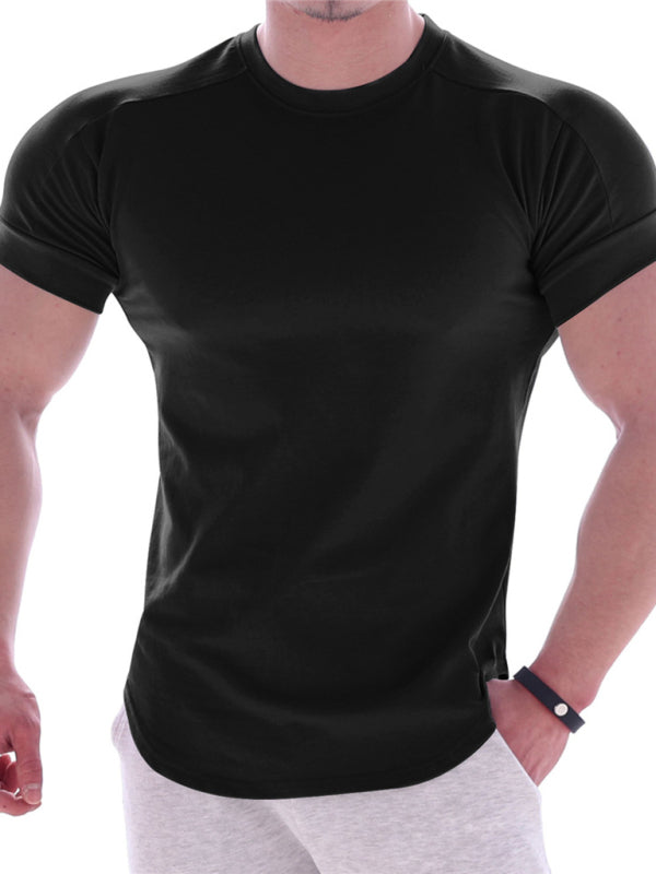 Fitness trendy brand quick-drying round neck elastic short-sleeved tight-fitting sports T-shirt - Black / M