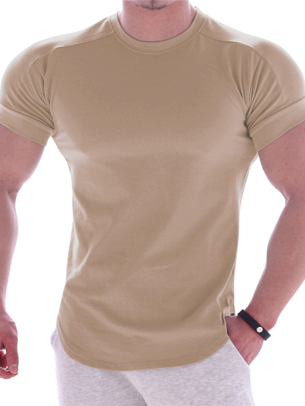 Fitness trendy brand quick-drying round neck elastic short-sleeved tight-fitting sports T-shirt - Khaki / M