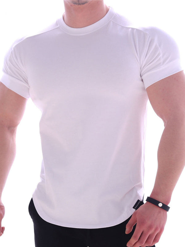 Fitness trendy brand quick-drying round neck elastic short-sleeved tight-fitting sports T-shirt - White / M
