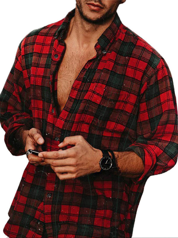 Flannel Plaid Men’s Long Sleeve Shirt - Red / M