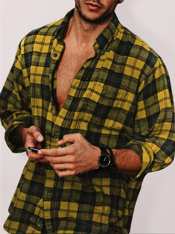 Flannel Plaid Men’s Long Sleeve Shirt - Yellow / M