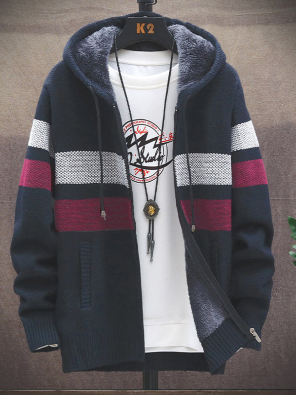 Fleece sweater cardigan Contrast color jacket youth slim fit trendy hooded jacket - Blue / S