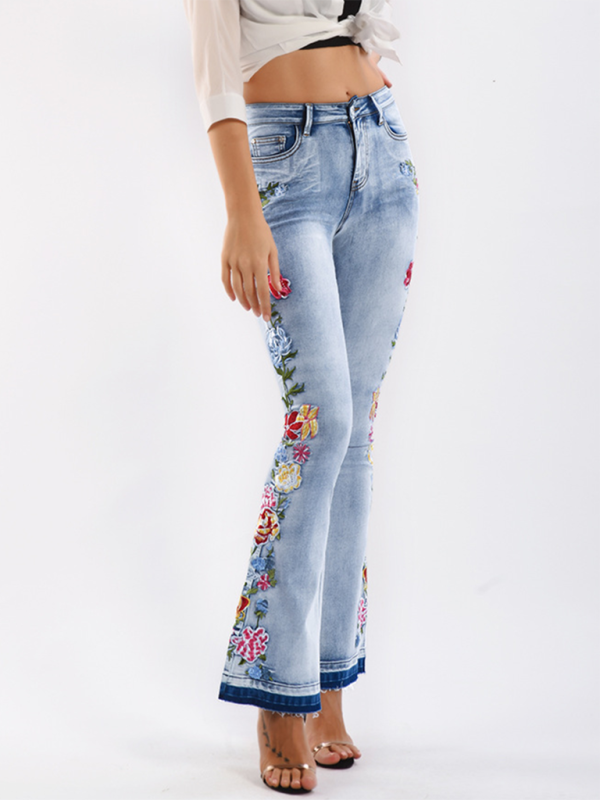 Floral Embroidered Denim Flare Pants - Clear blue / S