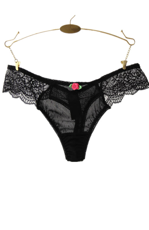 Floral Lace High Elasticity Nylon Knit Panties for Women - Black / M