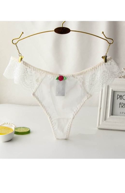 Floral Lace High Elasticity Nylon Knit Panties for Women - Raw white off white / M