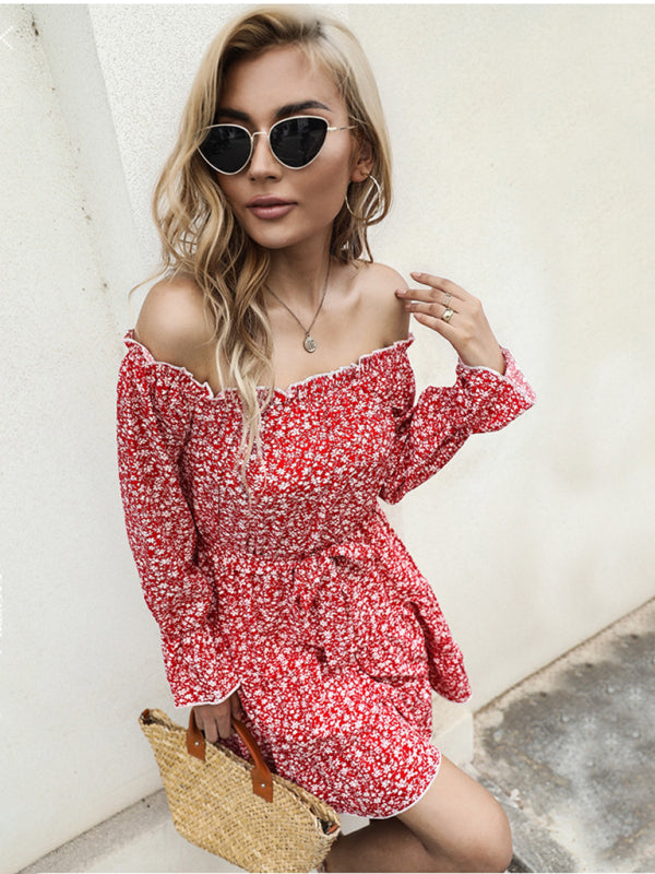 Floral Off-Shoulder Long Sleeve Mini Dress - Photo Color / S