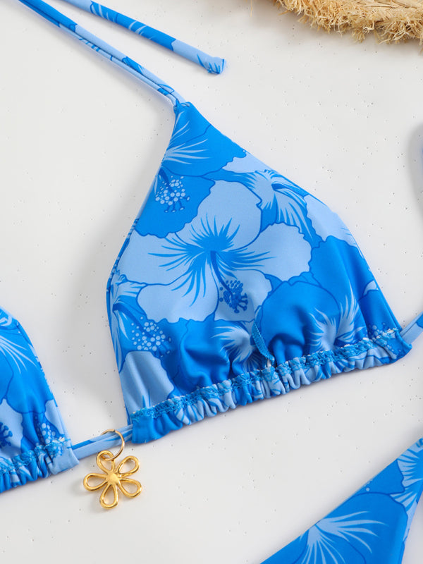 Blue floral print halterneck bikini top for stylish swimwear fashion