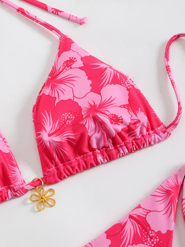 Pink floral print halterneck bikini top for stylish summer beachwear