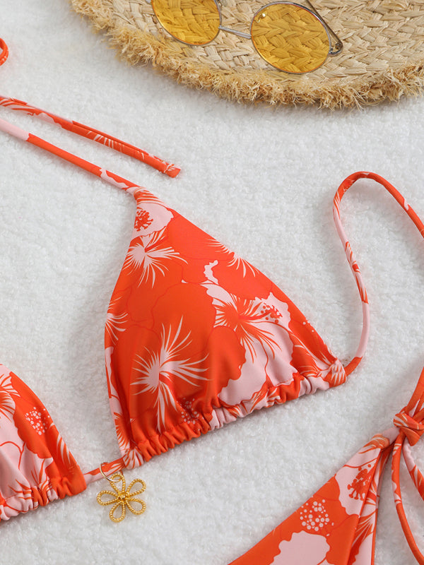 Orange and pink floral print halterneck bikini top for summer beachwear