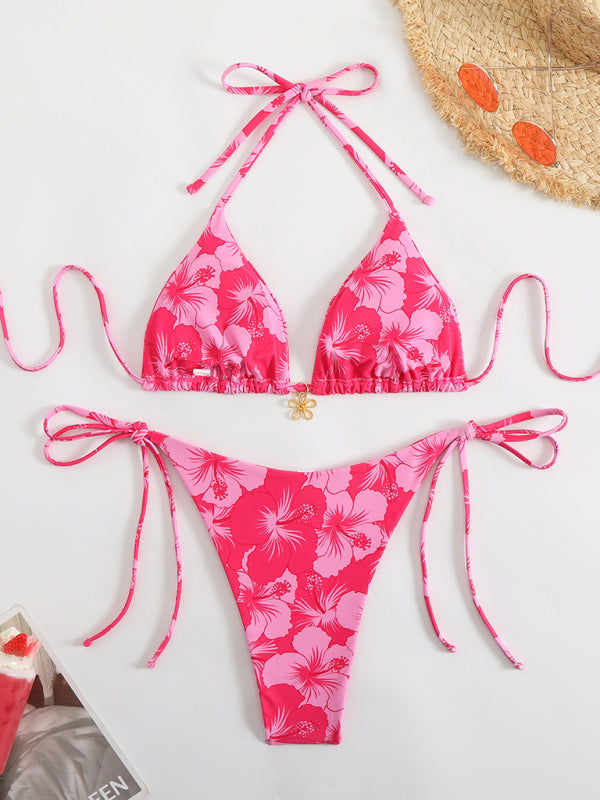 Pink floral print halterneck bikini perfect for summer beachwear and poolsideRelaxation
