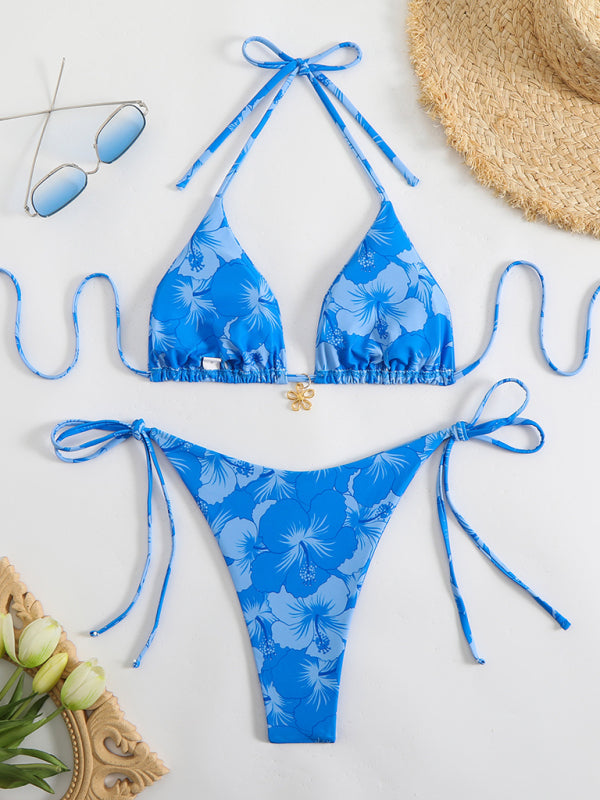 Blue floral print bikini set displayed in Floral Print Halterneck Bikini product image