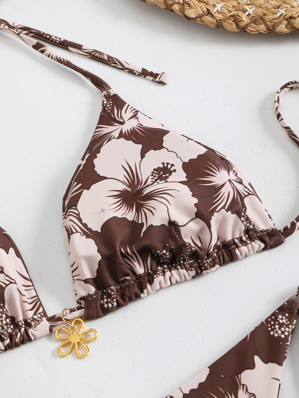 Floral print halterneck bikini top displayed in the Floral Print Bikini collection