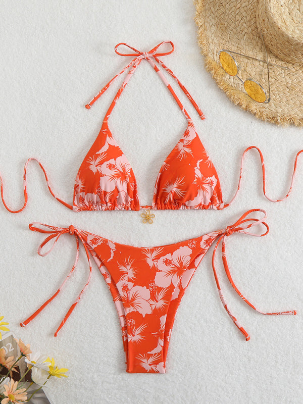 Orange floral print halterneck bikini set for stylish beachwear and swimwear fashion